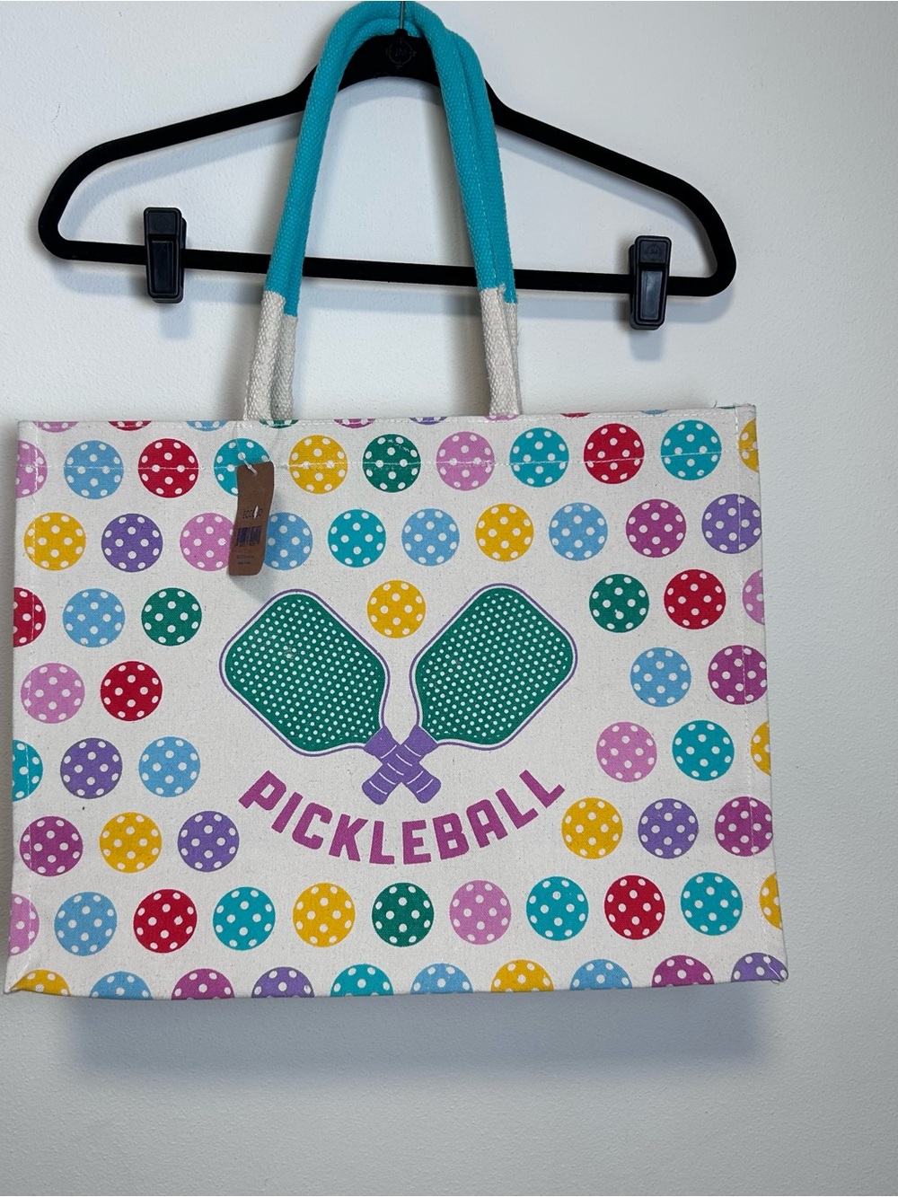 Eccolo Canvas Pickleball Tote - Teal Handles with Multicolor Polka Dots